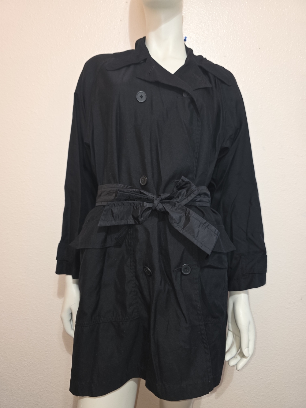 Eddie Bauer Black Double-Breasted Trench Coat with Tie Waist